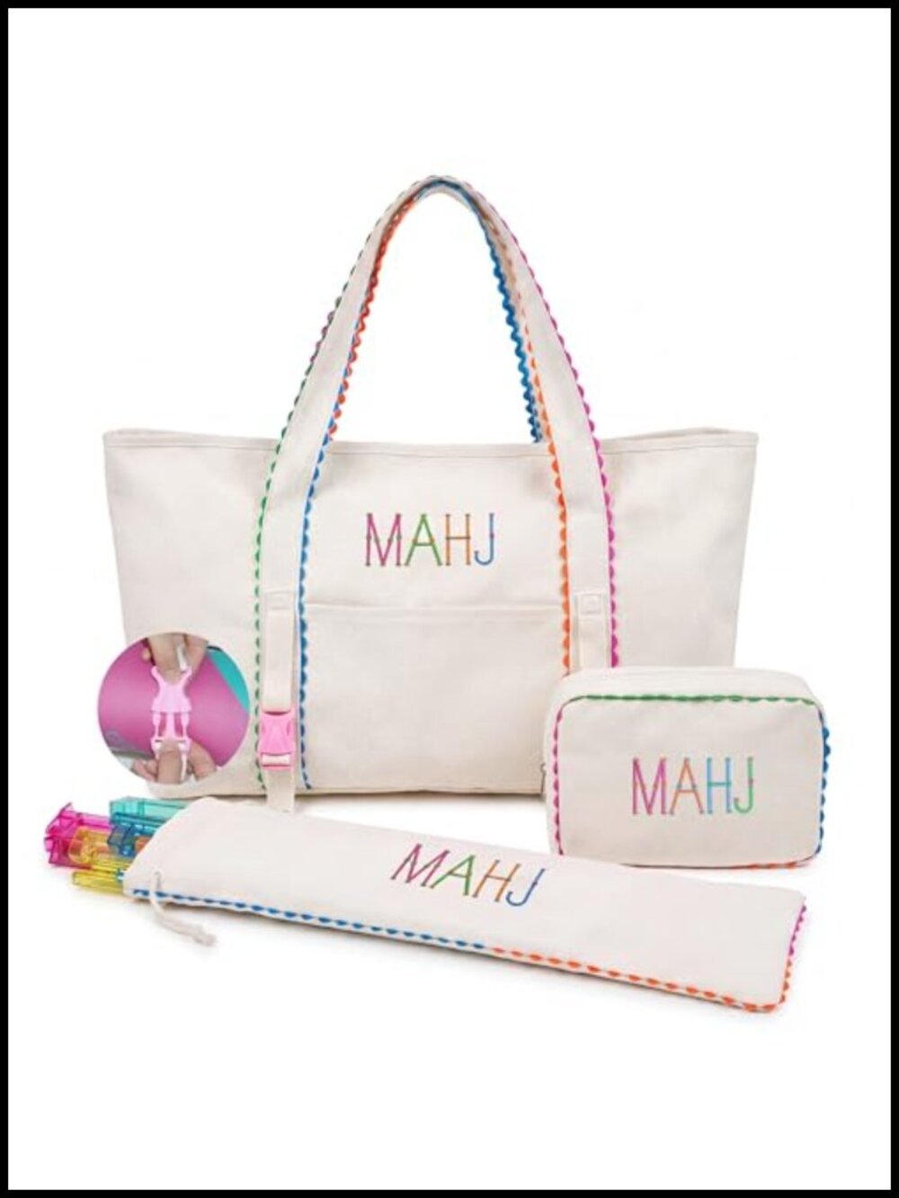 Mahjong Bag Set 3-Piece Canvas Tote w/ Mat Holder, Tile Pouch & Rack Sleeve